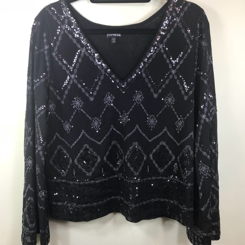 Express Blk Sequin long sleeve VNeck Top; Sz M.